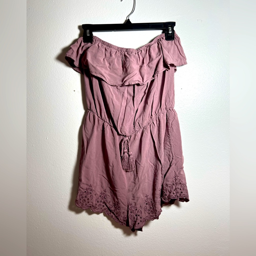 Lavender Strapless Romper with embroidered detailing and drawstring waist size M